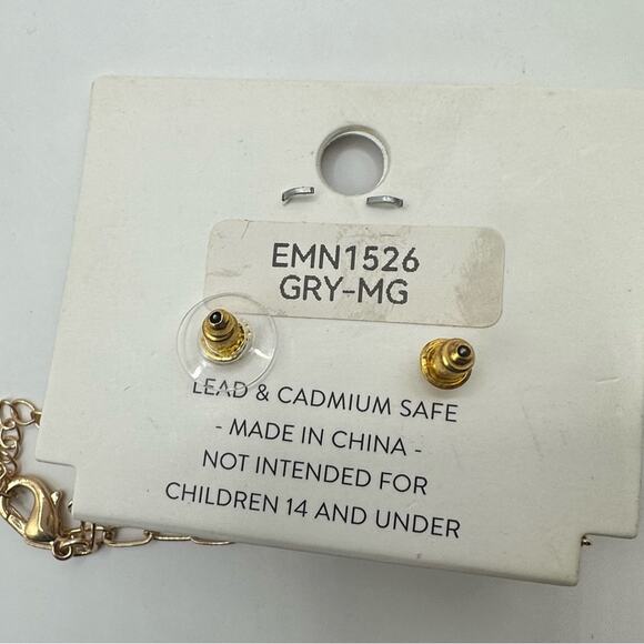 ETE Leaf Beaded Long Pendant Necklace Stud Ball Earrings Set NWT Gold tone grey - Picture 5 of 12